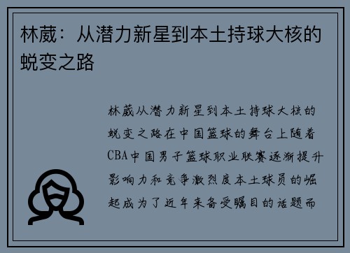 林葳：从潜力新星到本土持球大核的蜕变之路