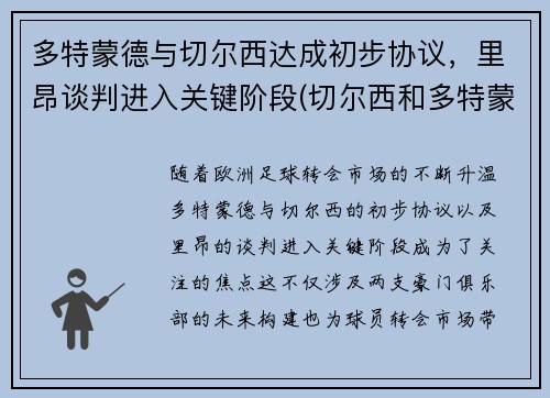 多特蒙德与切尔西达成初步协议，里昂谈判进入关键阶段(切尔西和多特蒙德交锋)