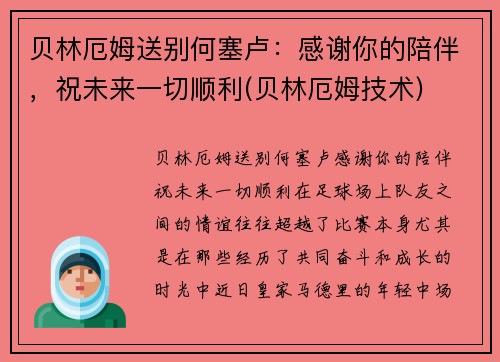 贝林厄姆送别何塞卢：感谢你的陪伴，祝未来一切顺利(贝林厄姆技术)