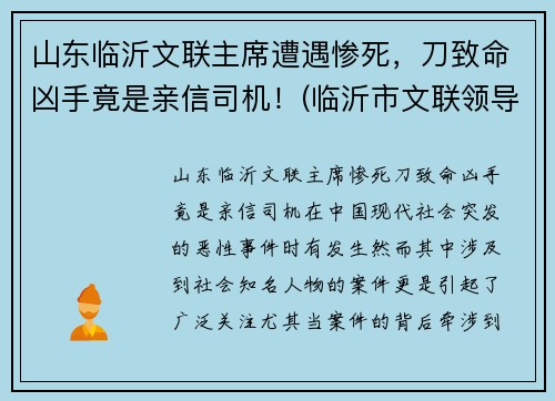 山东临沂文联主席遭遇惨死，刀致命凶手竟是亲信司机！(临沂市文联领导班子成员)