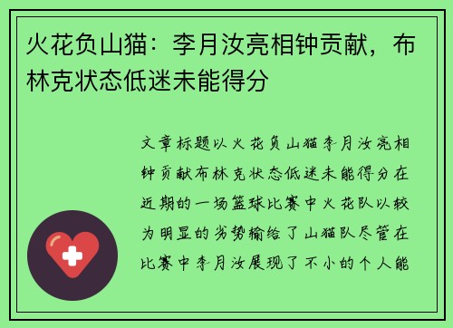 火花负山猫：李月汝亮相钟贡献，布林克状态低迷未能得分