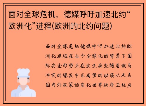 面对全球危机，德媒呼吁加速北约“欧洲化”进程(欧洲的北约问题)