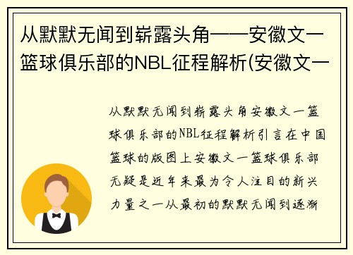 从默默无闻到崭露头角——安徽文一篮球俱乐部的NBL征程解析(安徽文一篮球队队员名单)