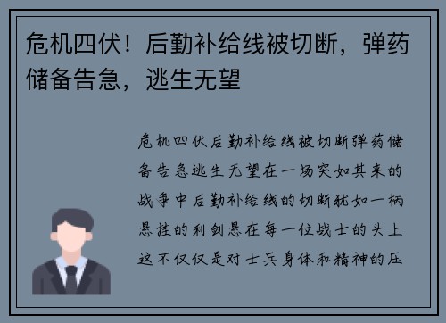 危机四伏！后勤补给线被切断，弹药储备告急，逃生无望