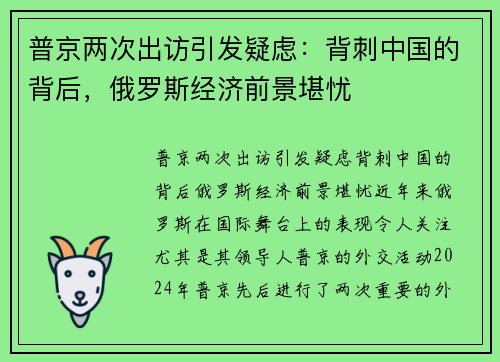 普京两次出访引发疑虑：背刺中国的背后，俄罗斯经济前景堪忧