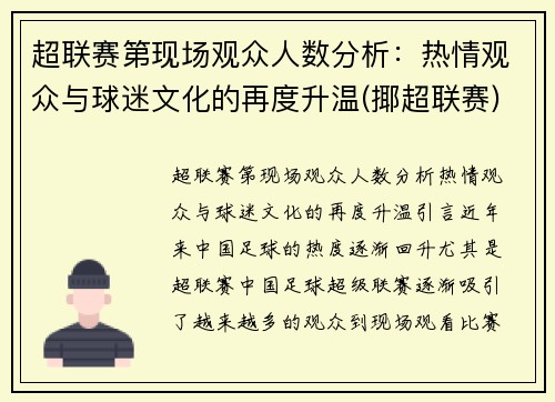 超联赛第现场观众人数分析：热情观众与球迷文化的再度升温(揶超联赛)